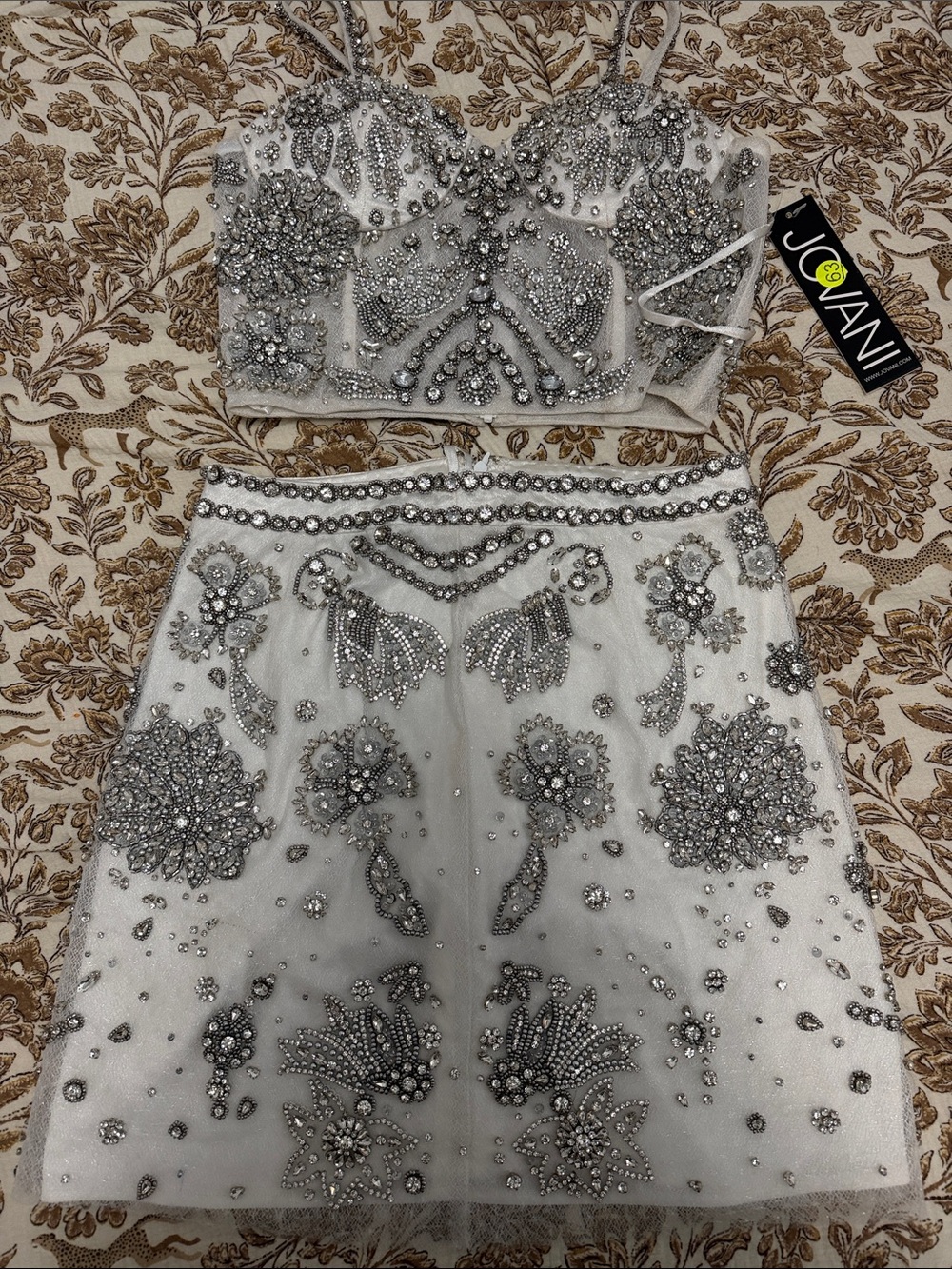 Jovani White bridal Beaded Crop Top & Embellished Skirt Set